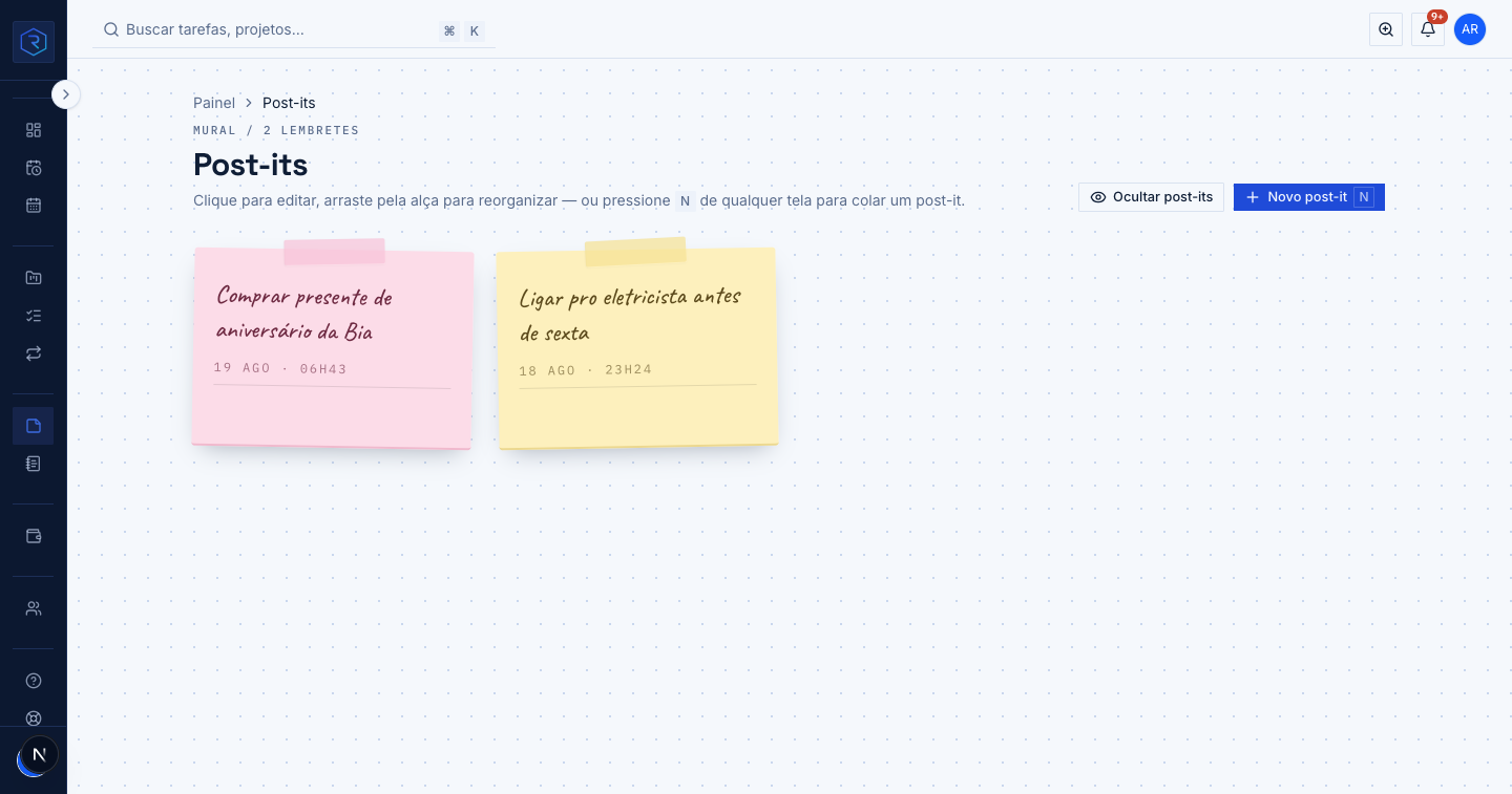 Tela de Post-its no Ruphus.Work